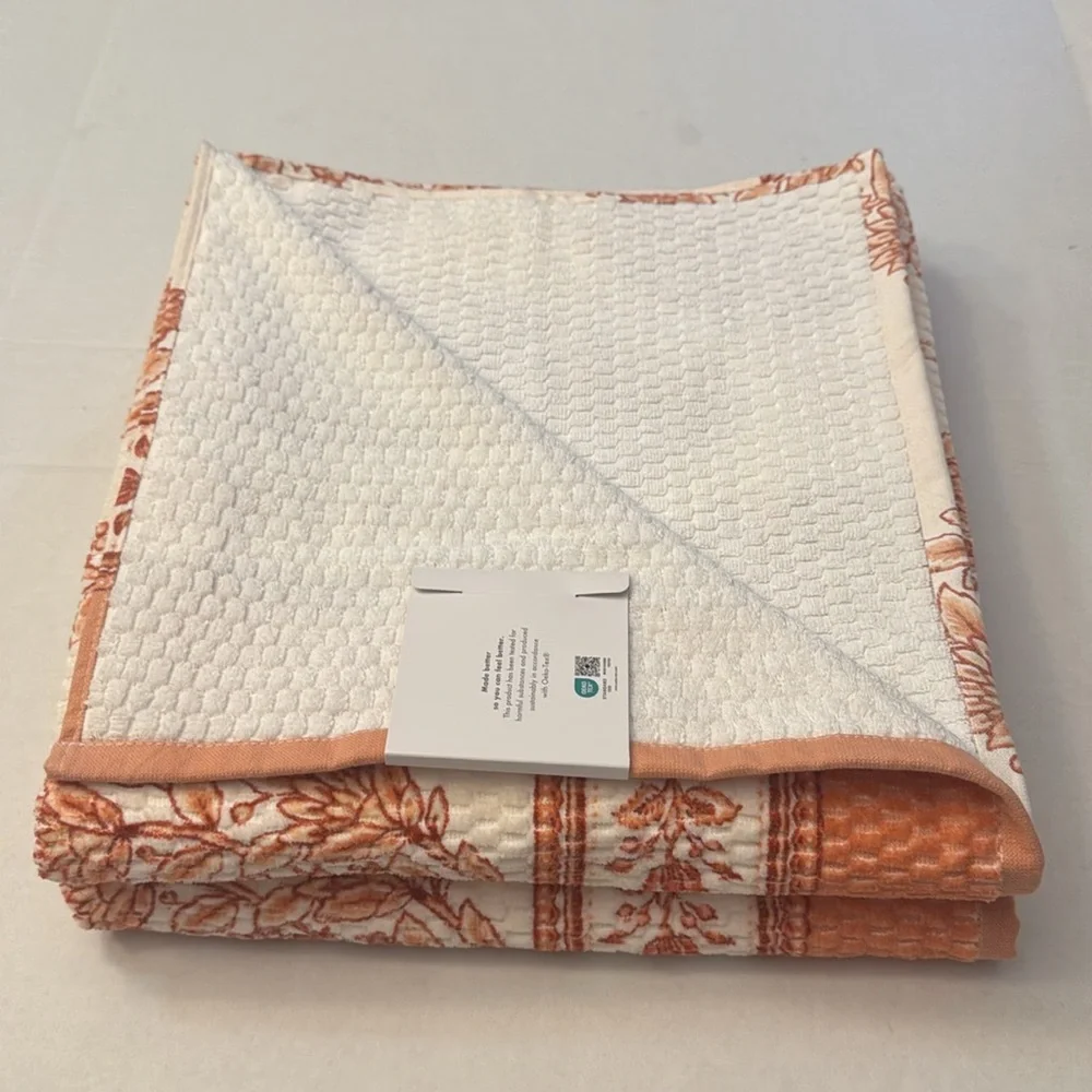 2pc CARO HOME 100% Cotton Printed Velour Bath Towel Set - Coral/Rust/Cream